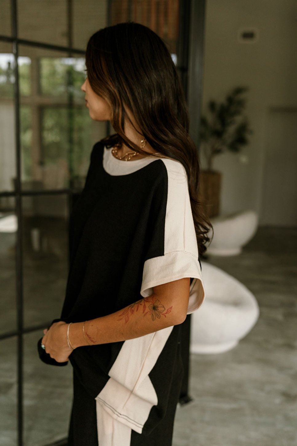 Cynthia Color Block Short Sleeve Top - Black - Side view