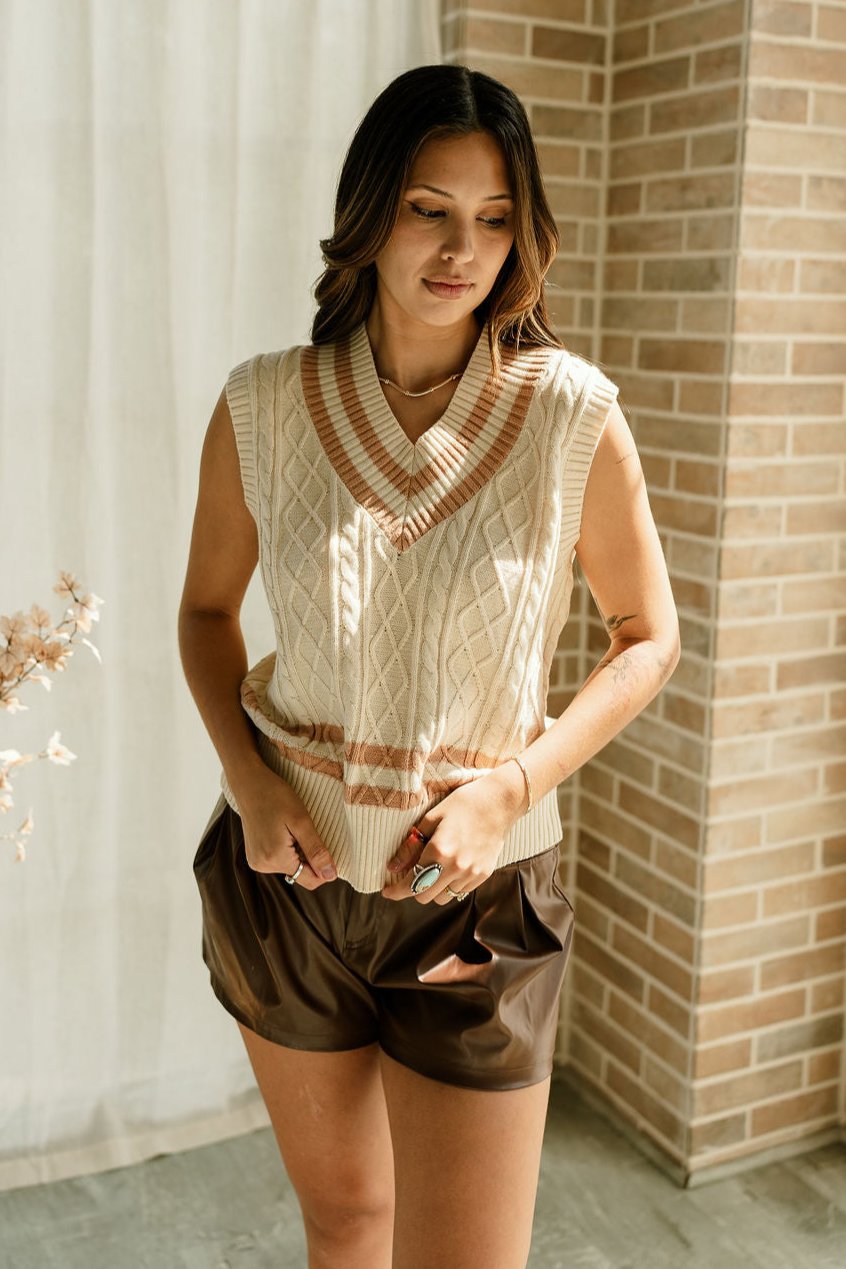 Arya Cream & Camel V-Neck Sweater Vest- front view