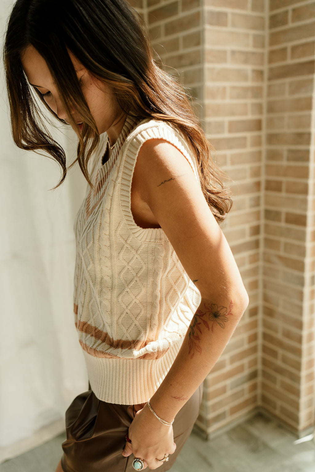 Arya Cream & Camel V-Neck Sweater Vest- side view