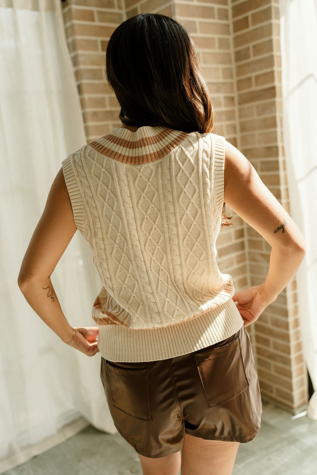 Arya Cream & Camel V-Neck Sweater Vest-close up back view