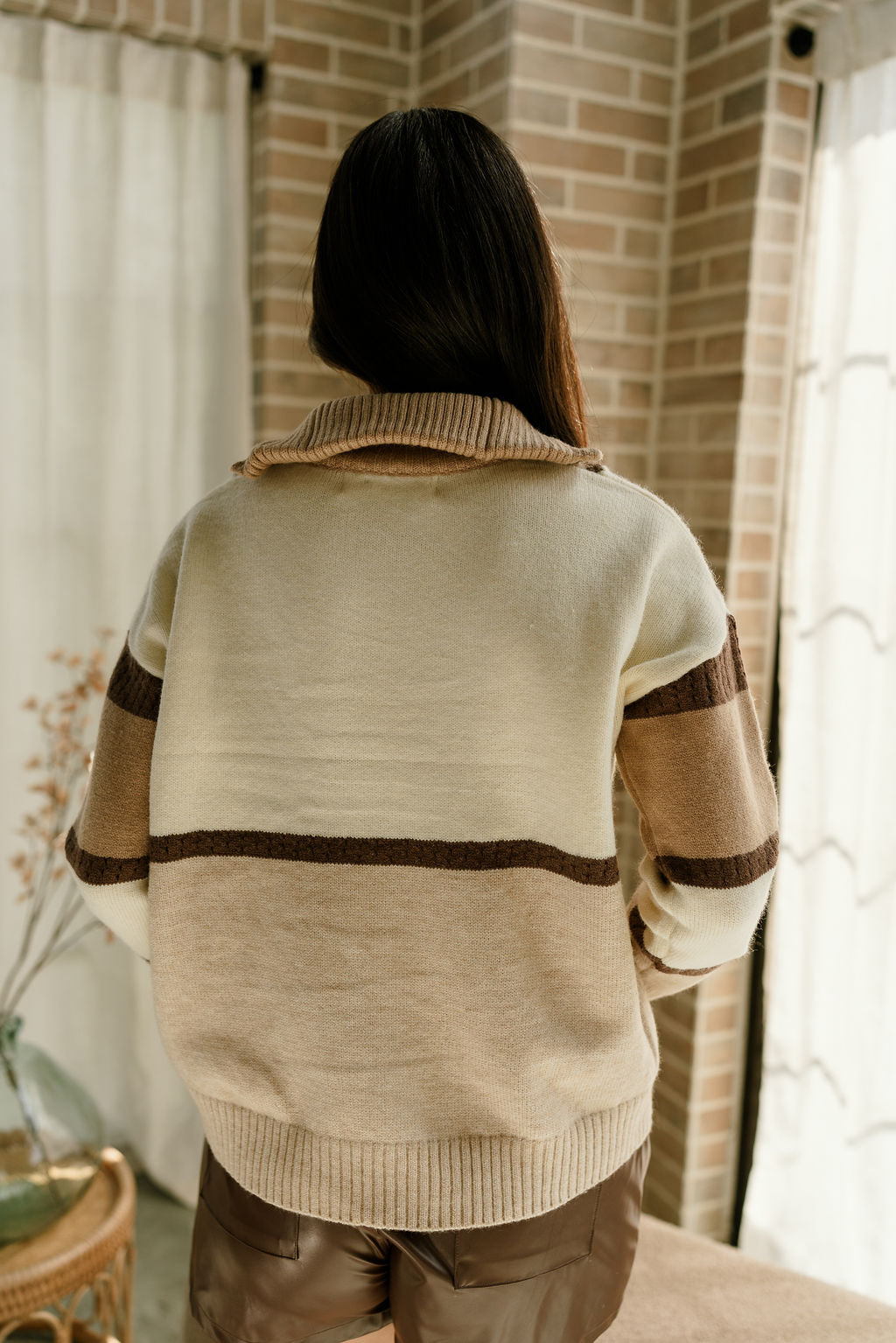 Clara Mocha Multi Quarter Zip Up Sweater- back view