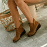 Emeree Saddle Brown Wedge Bootie- close up side view