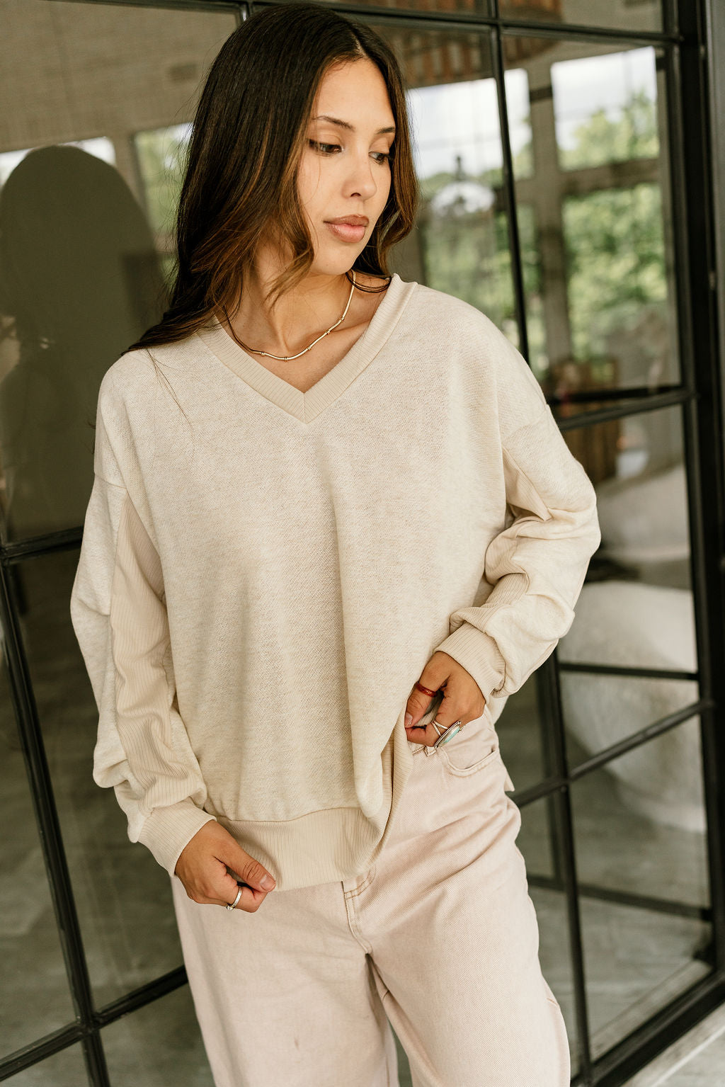 Vivian Oatmeal Ribbed Long Sleeve Sweatshirt- front view