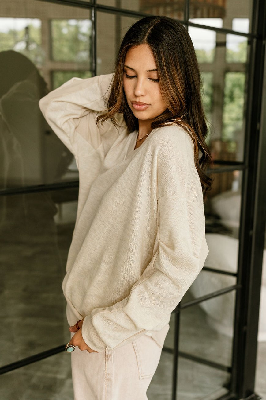 Vivian Oatmeal Ribbed Long Sleeve Sweatshirt- side view