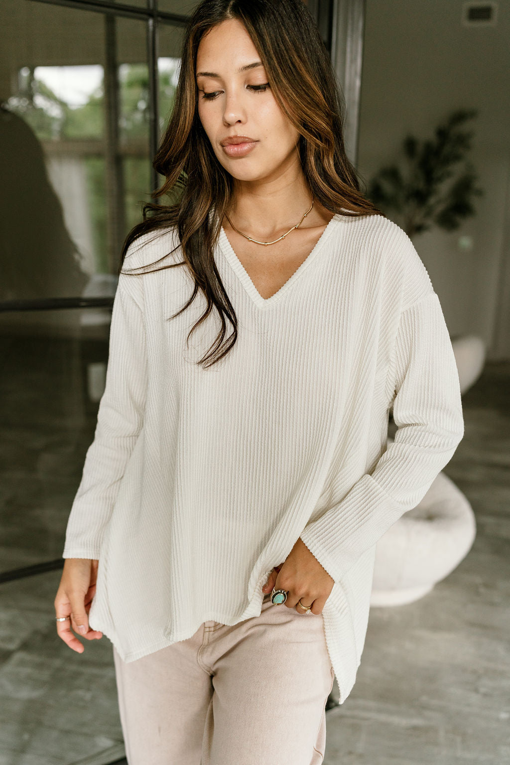 Willow Off White Ribbed Long Sleeve Top- front close up view