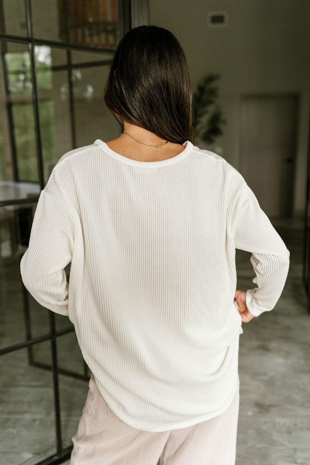 Willow Off White Ribbed Long Sleeve Top-back view