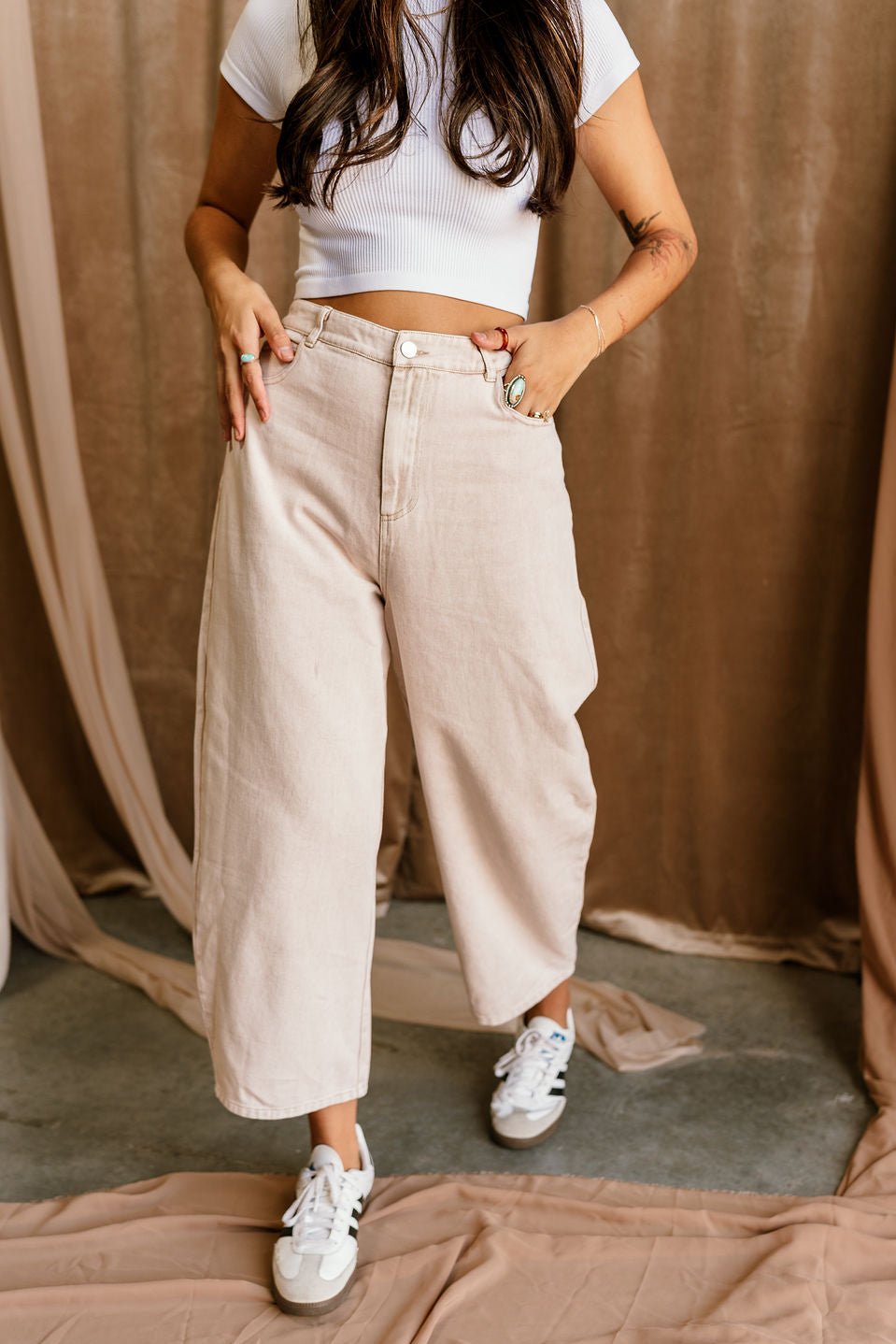 Madison Washed Ecru Wide leg Pants- front view