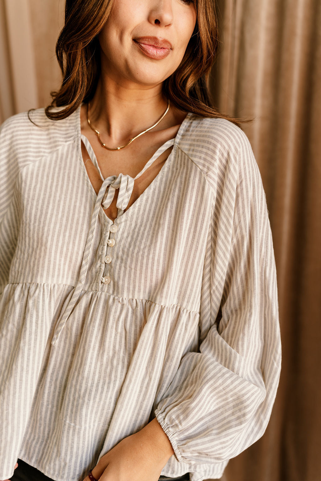 Ayla Grey & White Stripe Peplum Blouse- close up view