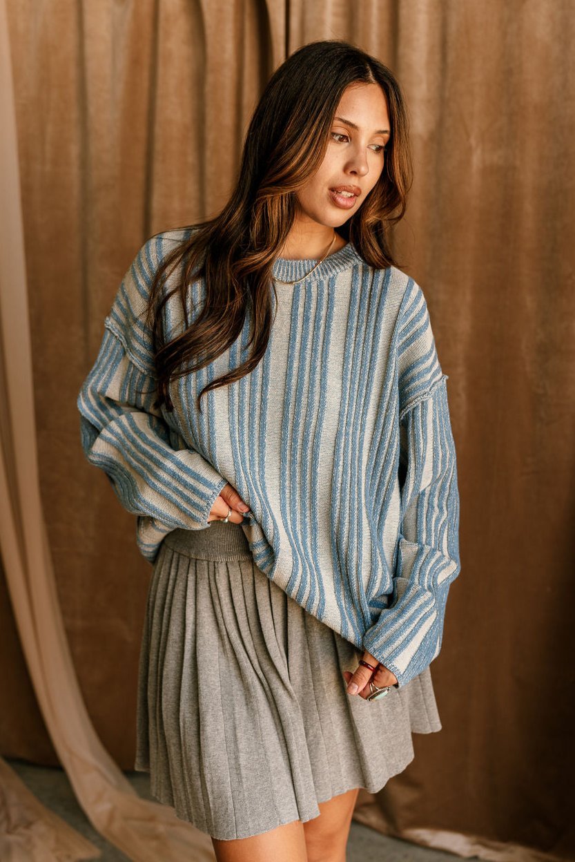 Ember Washed Blue & Cream Stripe Sweater- front view