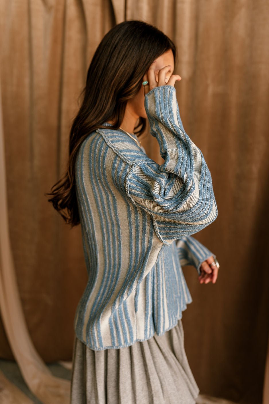 Ember Washed Blue & Cream Stripe Sweater- side view