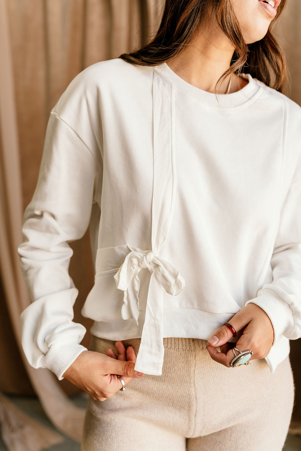 Alaina White Side Tie Long Sleeve Top- close up view