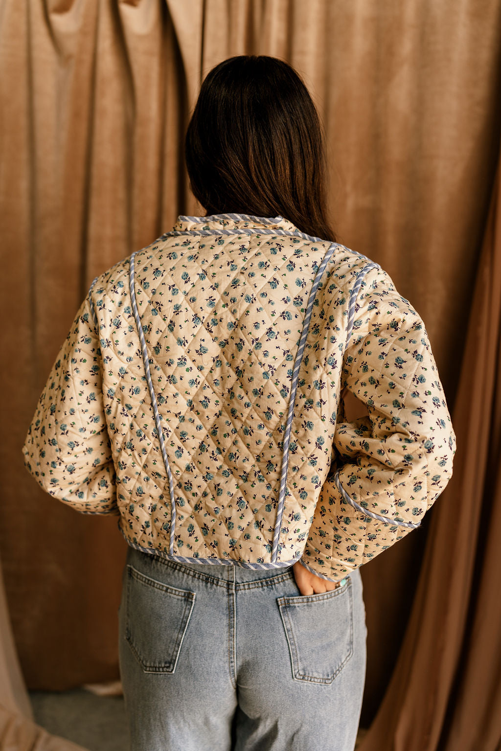 Tatum Cream & Blue Floral Quilted Jacket-back view