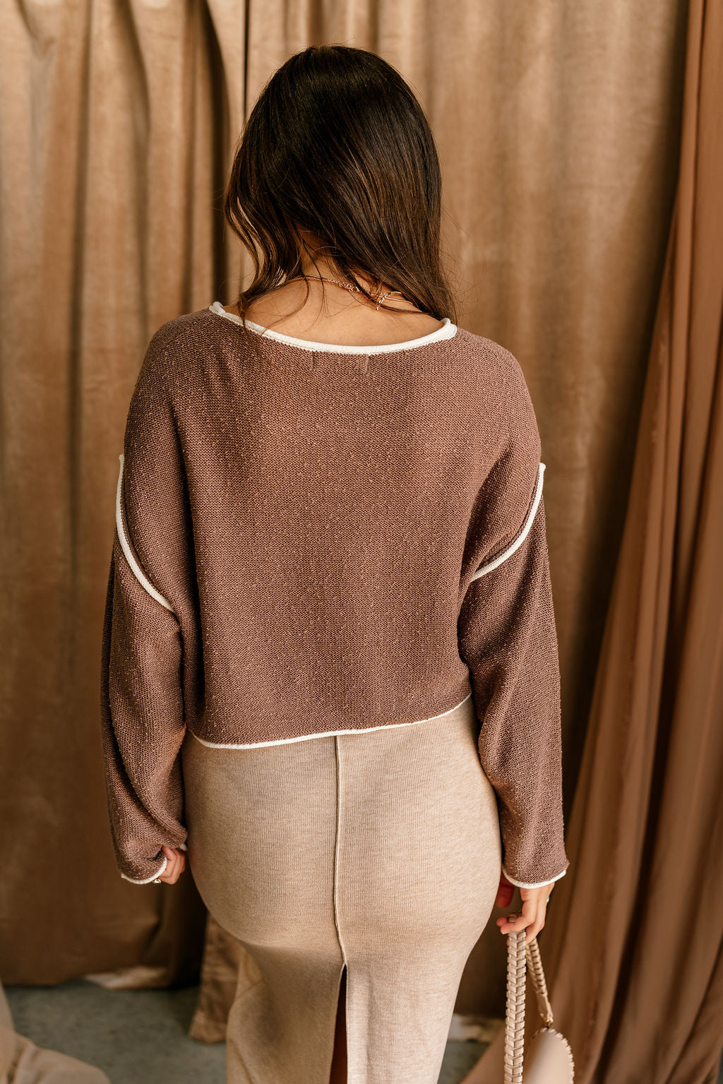 Rowan Brown & White Trim Long Sleeve Sweater- back view