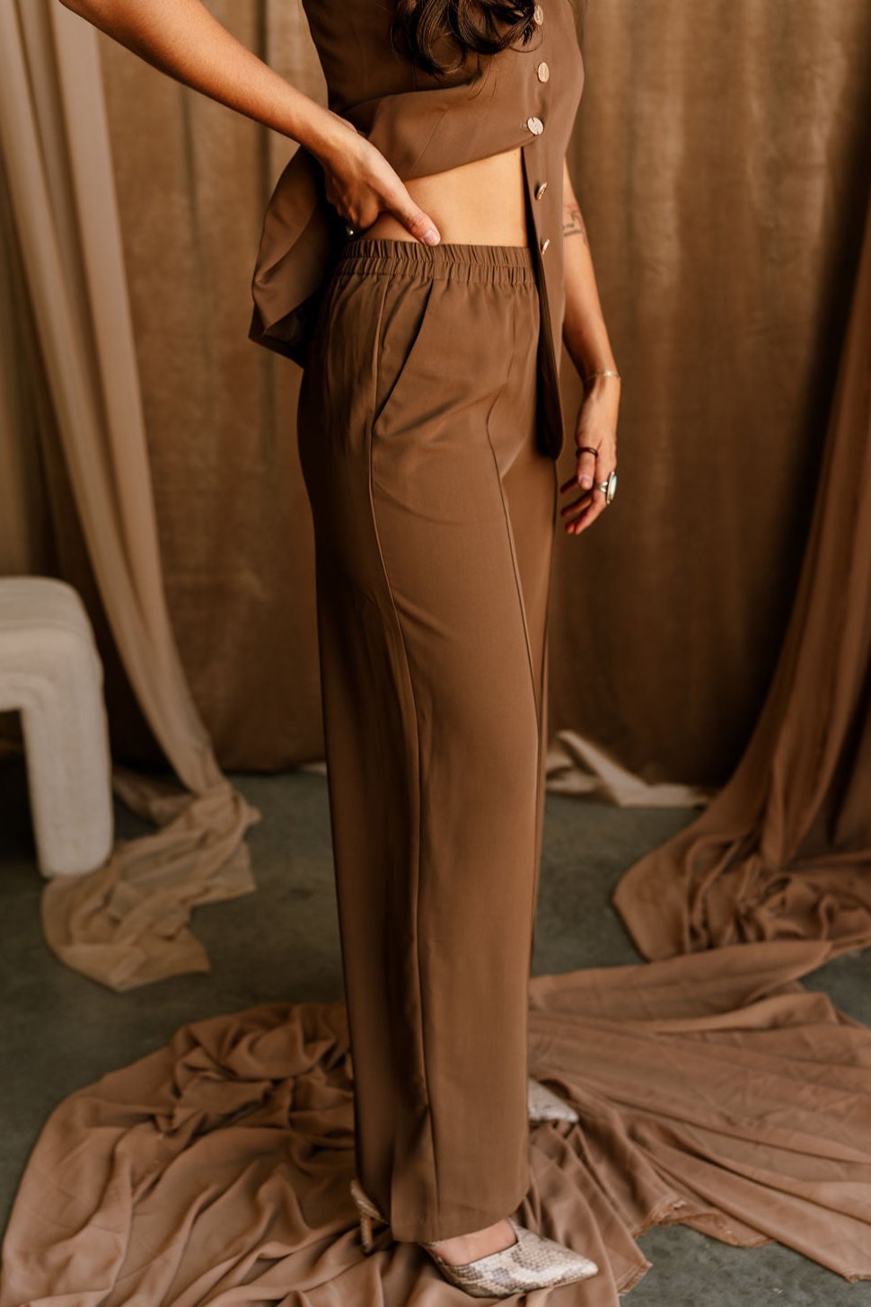 Blair Brown Wide Leg Pants- close up side view