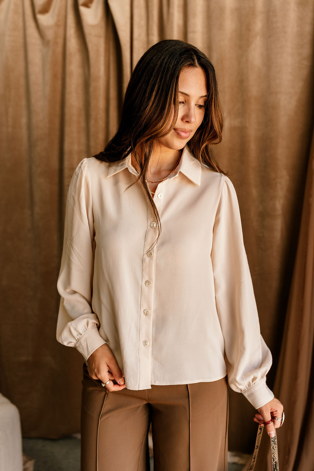 Maisie Cream Button Up Long Sleeve Top- close up front view