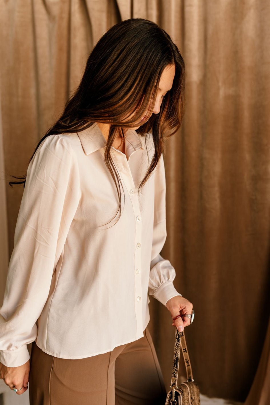 Maisie Cream Button Up Long Sleeve Top- side view