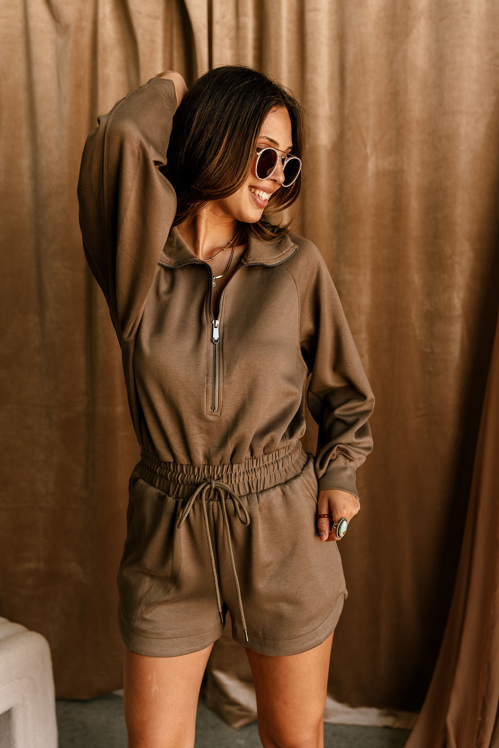 Kathryn Mocha Long Sleeve Romper - Front view