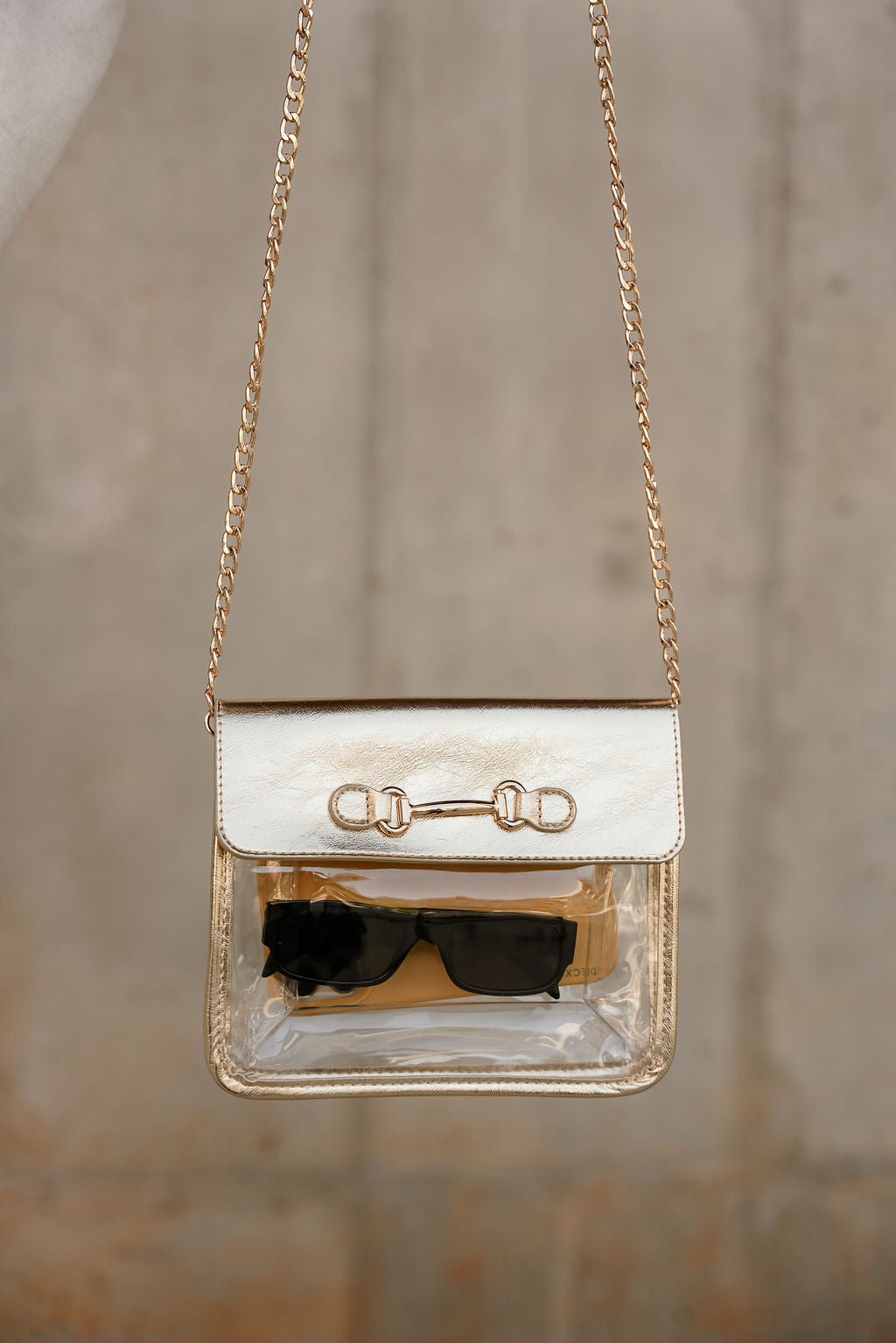 Rowan Clear & Gold Purse - close up front view