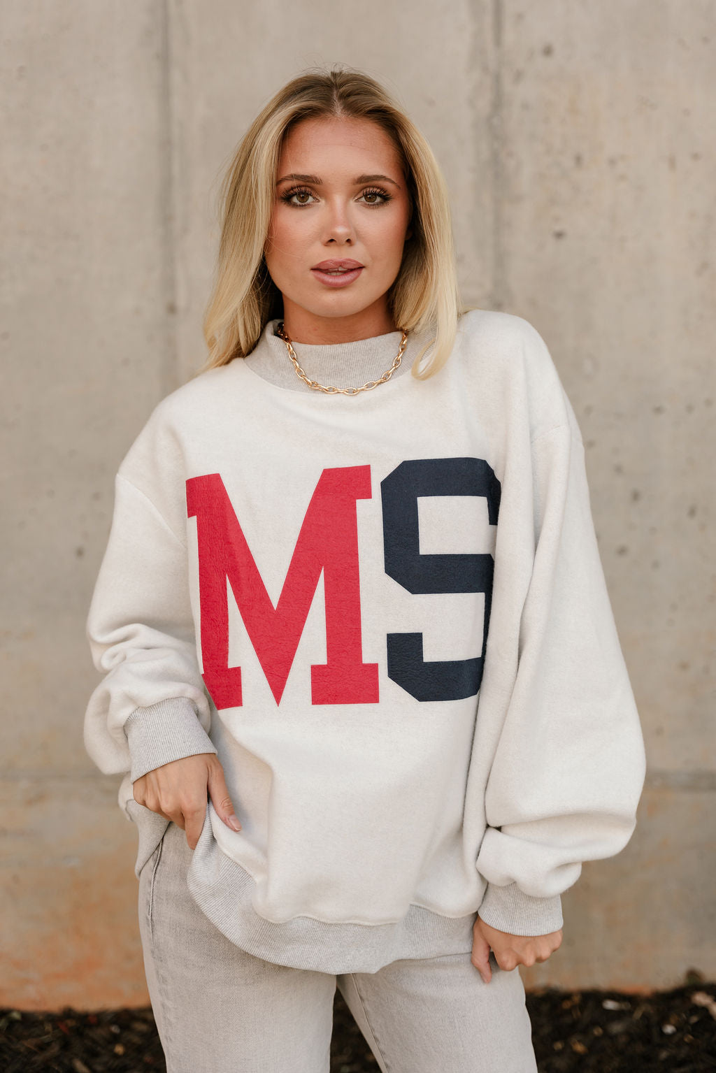 Mississippi Reversible Mock Neck Sweatshirt- close up reversed view