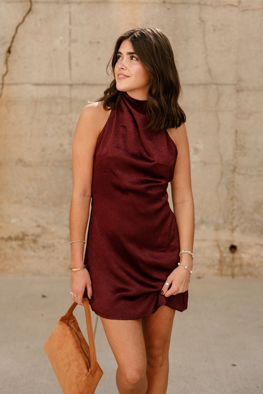 Helen Dark Wine Satin Mini Dress- close up front view