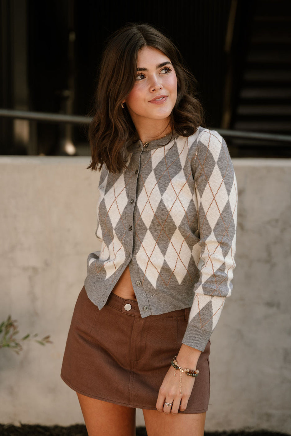 Abby Grey Multi Diamond Cardigan- close up top view