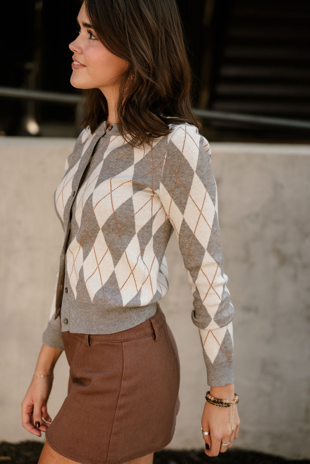 Abby Grey Multi Diamond Cardigan- frontal side view