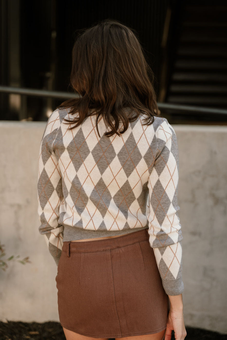 Abby Grey Multi Diamond Cardigan- close up back view
