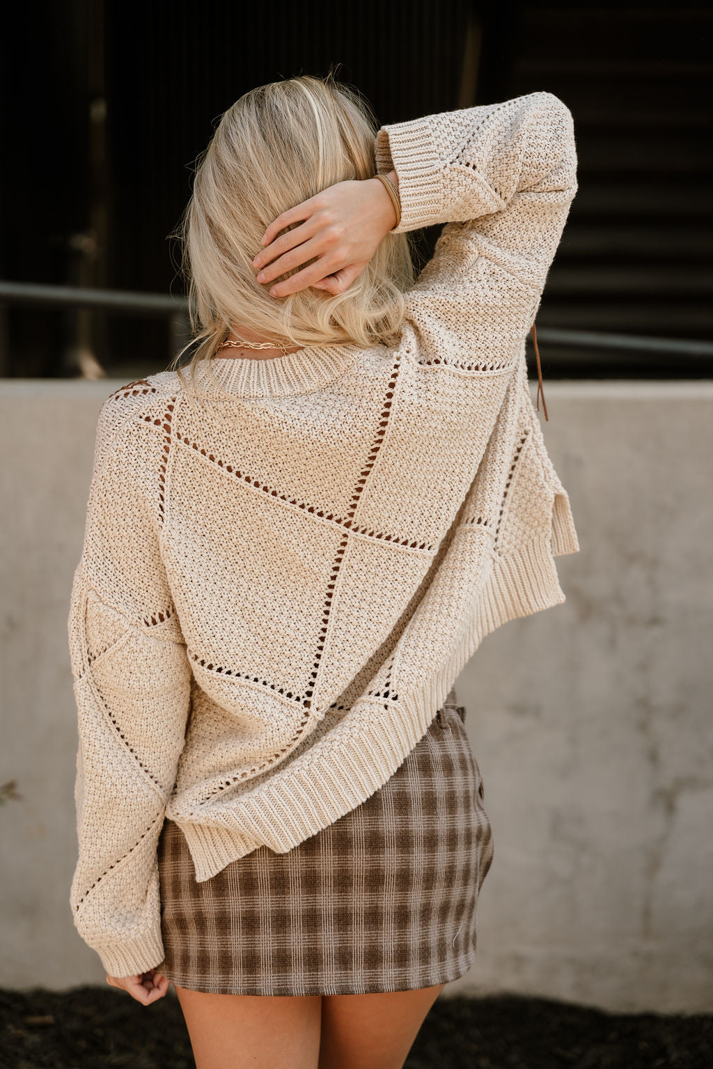 Nyla Natural & Brown Stitch Knit Sweater- top back view