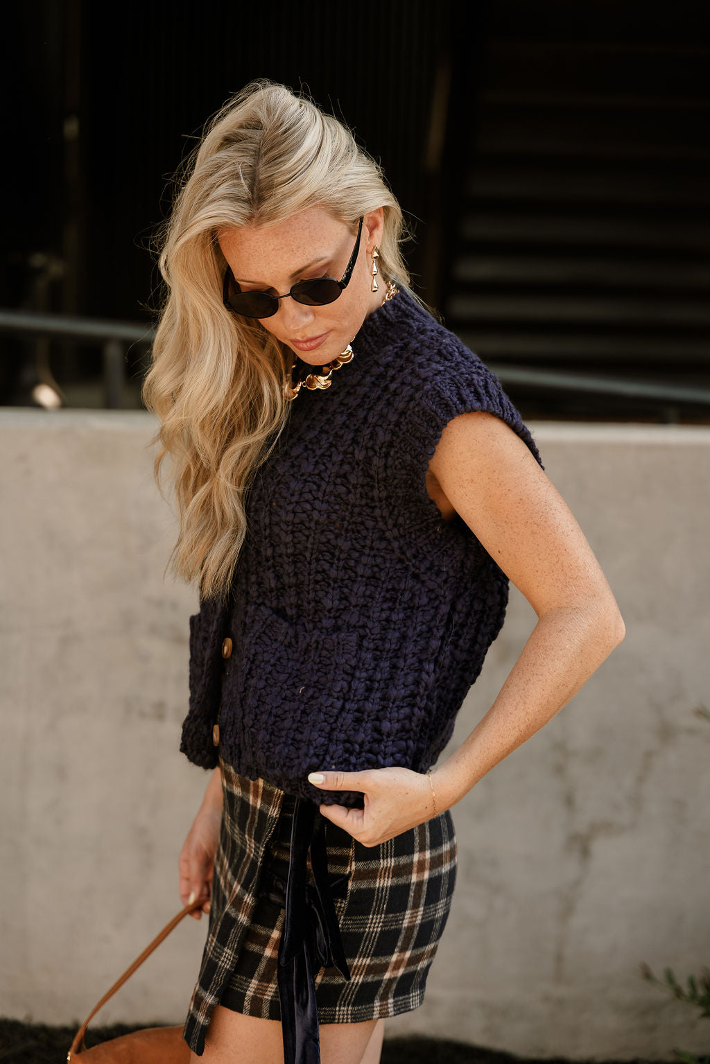 Elle Navy Knit Button-Up Vest- side view