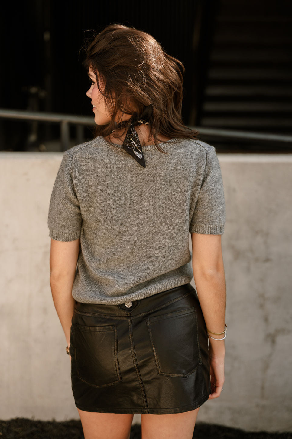 Aliya Heather Grey Knit Short Sleeve Sweater- back view