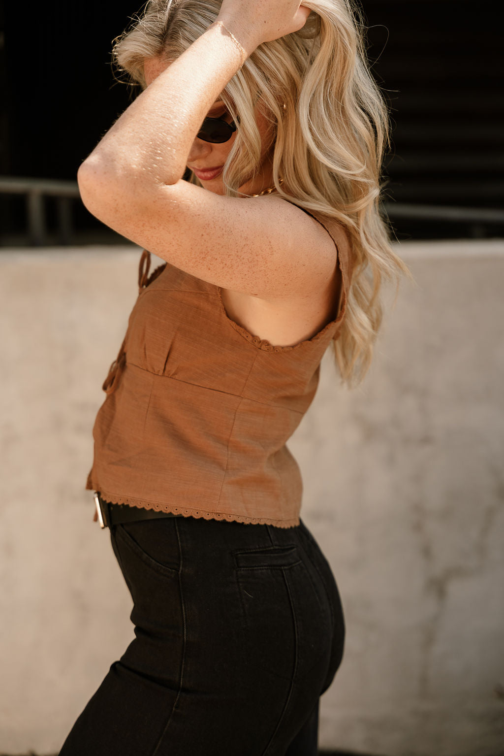 Loretta Light Brown Front Ties Tank- close up side view