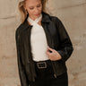 Leona Washed Black Faux Leather Jacket- close up top view