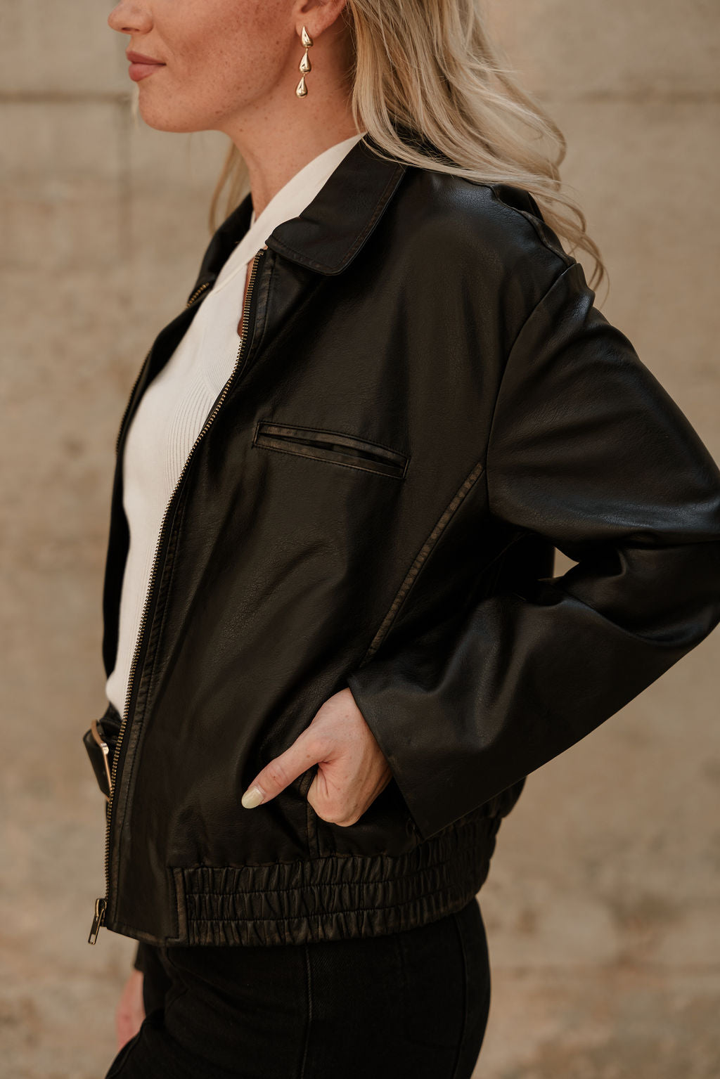 Leona Washed Black Faux Leather Jacket- close up side view