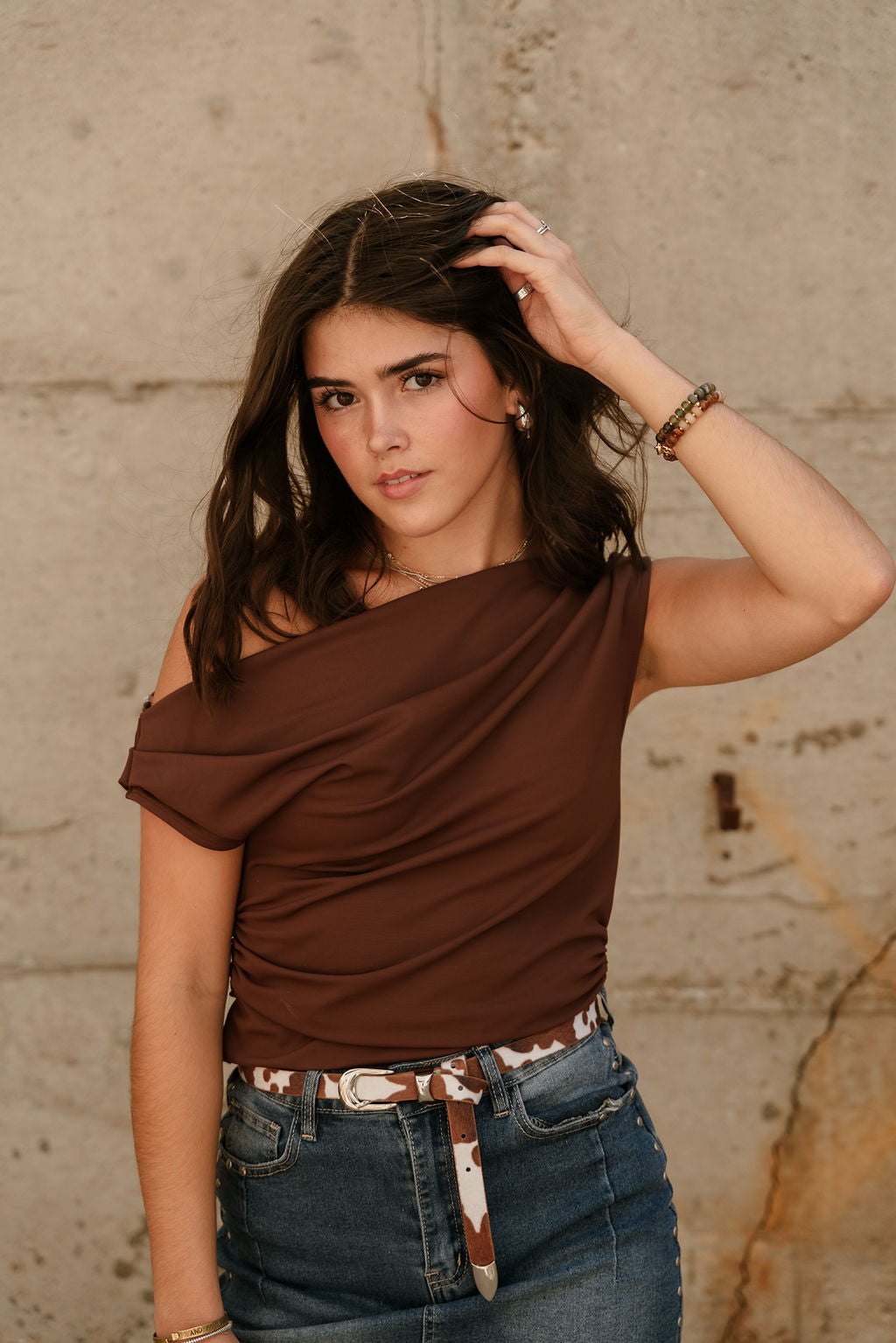 Maia Brown Ruched Sleeveless Tank- top view