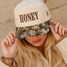 Honey Tan & Camo Trucker Hat- front view on model