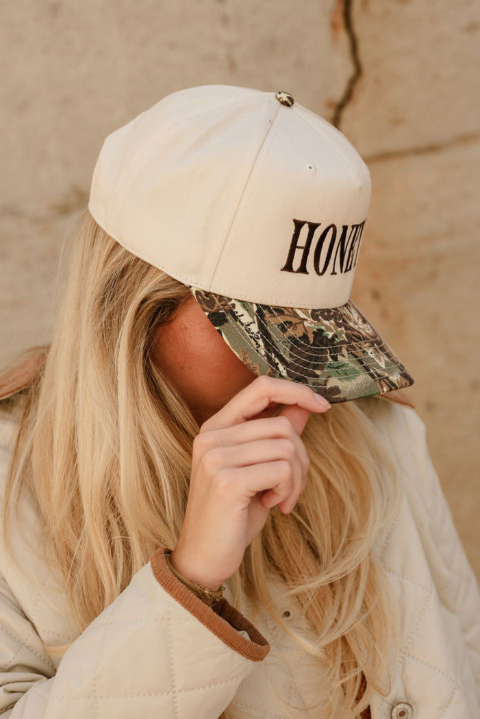 Honey Tan & Camo Trucker Hat- right side view on model