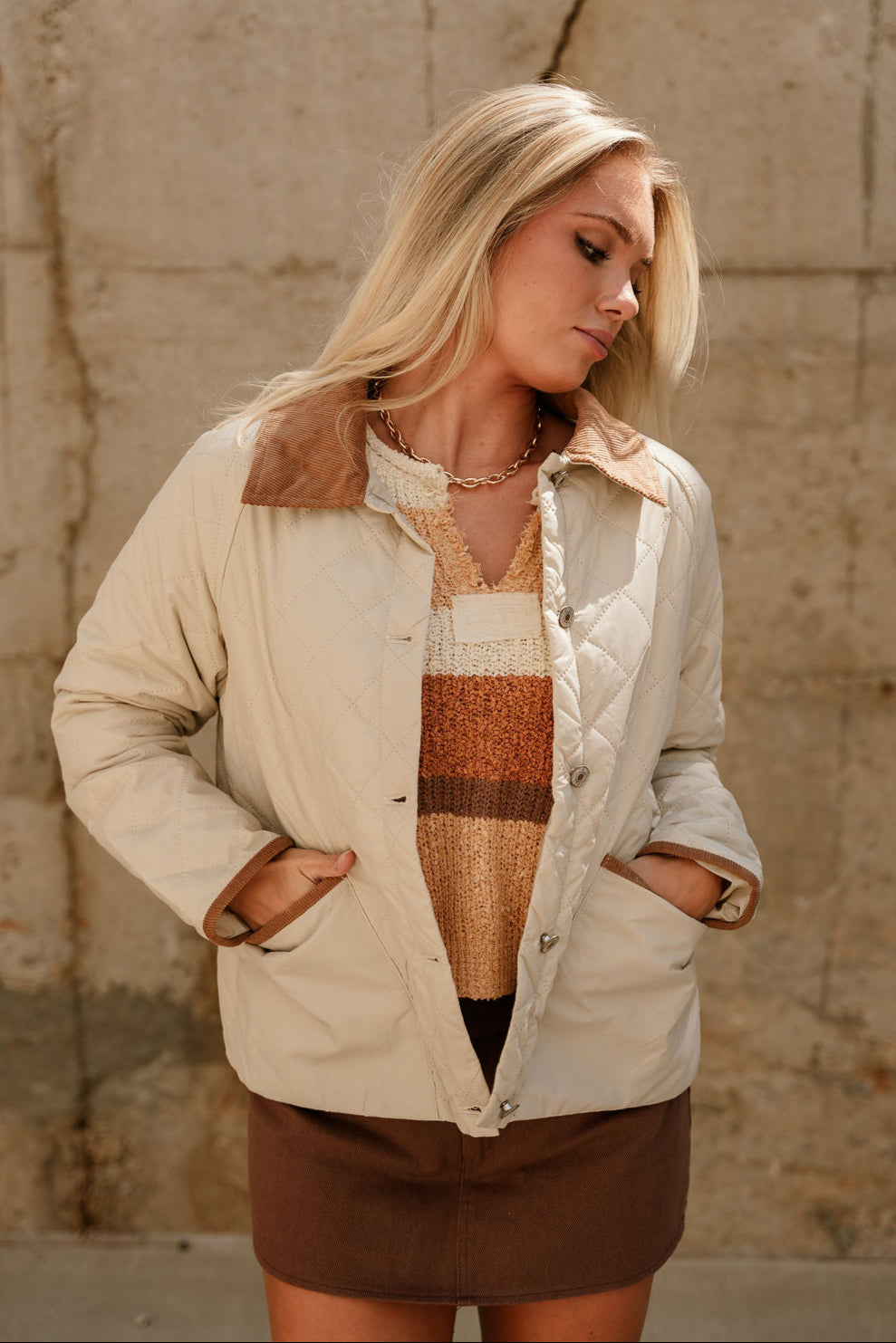Quinn Sand & Camel Quilted Barn Jacket- front top view