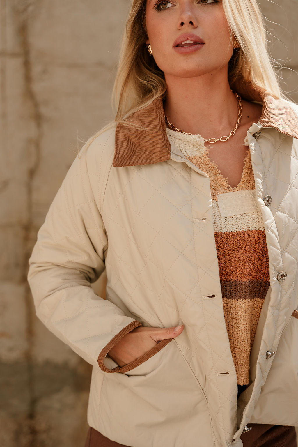 Quinn Sand & Camel Quilted Barn Jacket- close up side view