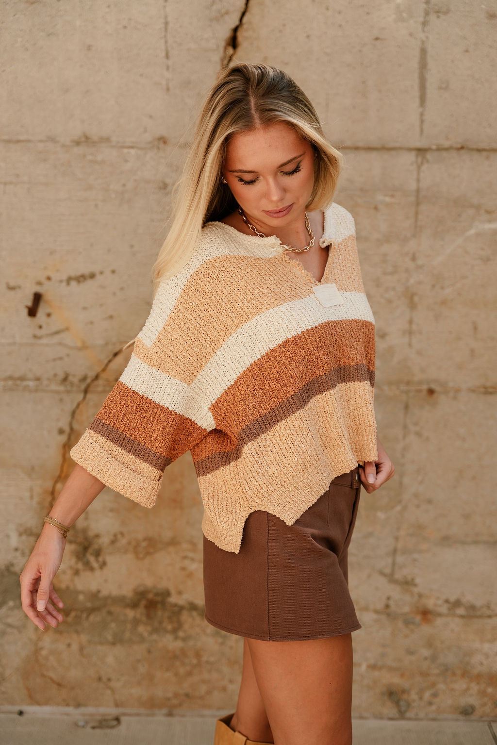 Veda Camel Multi Stripe Knit Sweater- frontal side view