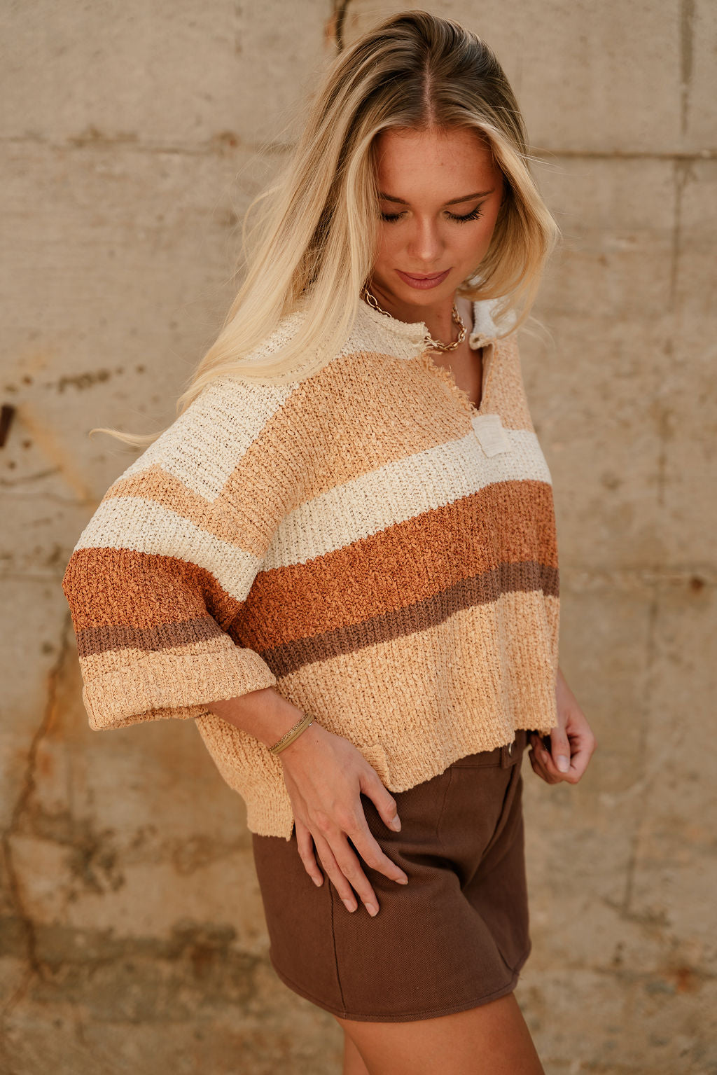 Veda Camel Multi Stripe Knit Sweater- side view