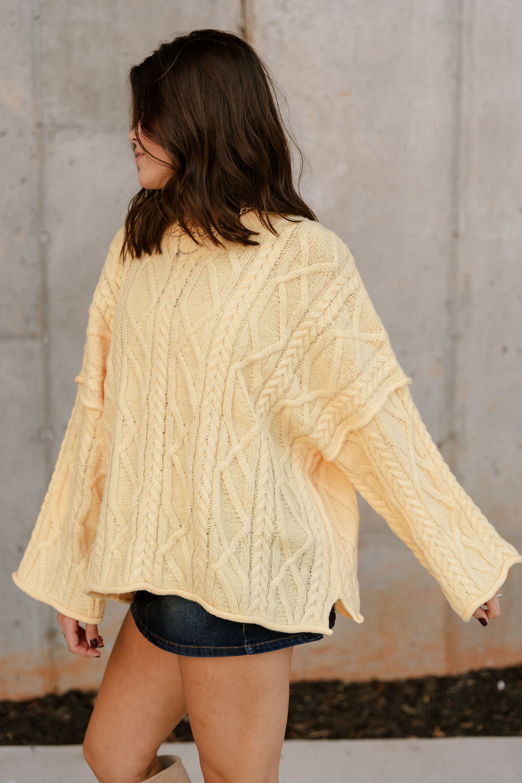 Amanda Yellow Cable Knit Sweater- frontal side view