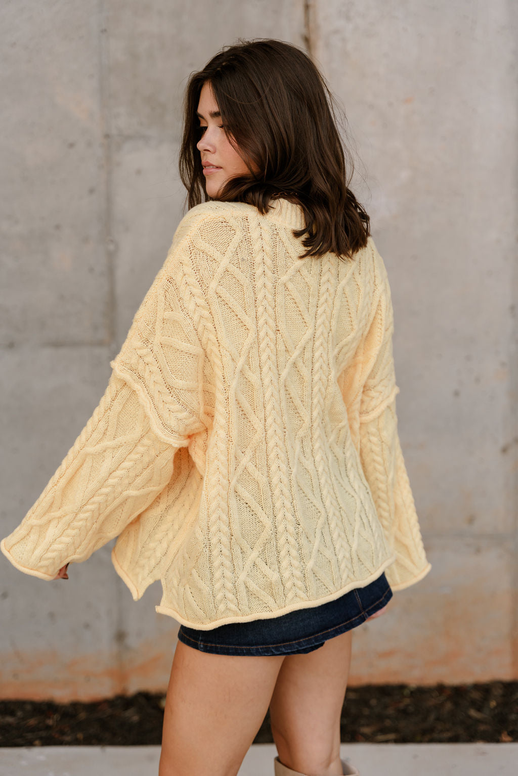 Amanda Yellow Cable Knit Sweater- back side view