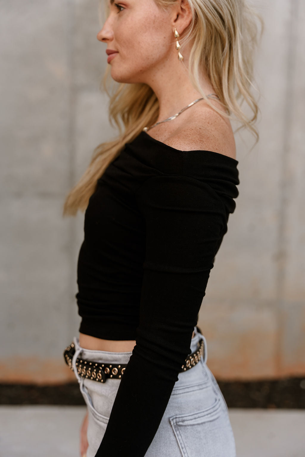 Rylie Black Off-The-Shoulder Top- close up side view