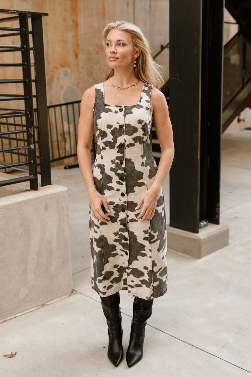 Clara Taupe & Brown Cow Midi Dress- full frontal body view