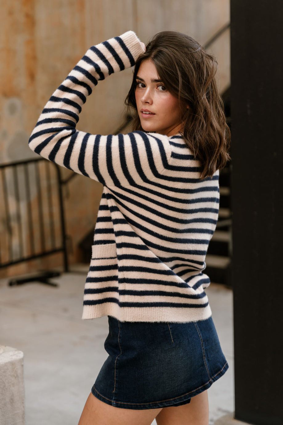 Alma Navy & Cream Stripe Cardigan- back side view