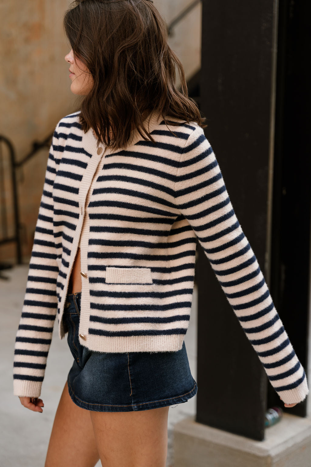 Alma Navy & Cream Stripe Cardigan- close up side view