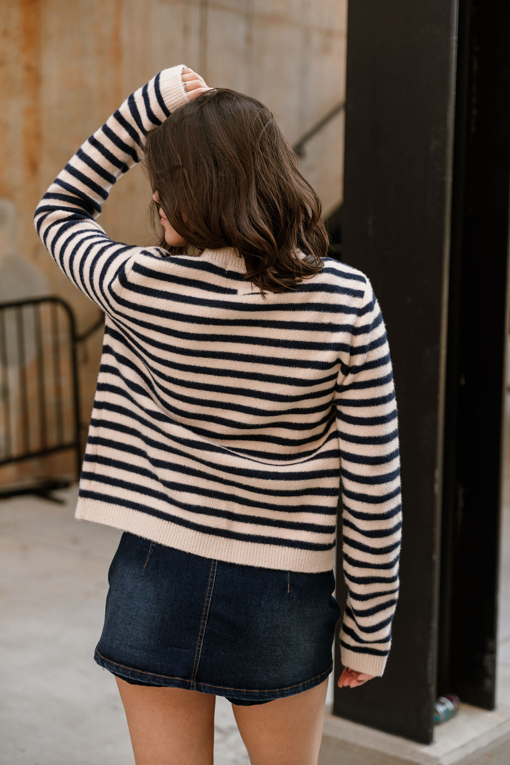 Alma Navy & Cream Stripe Cardigan- top back view
