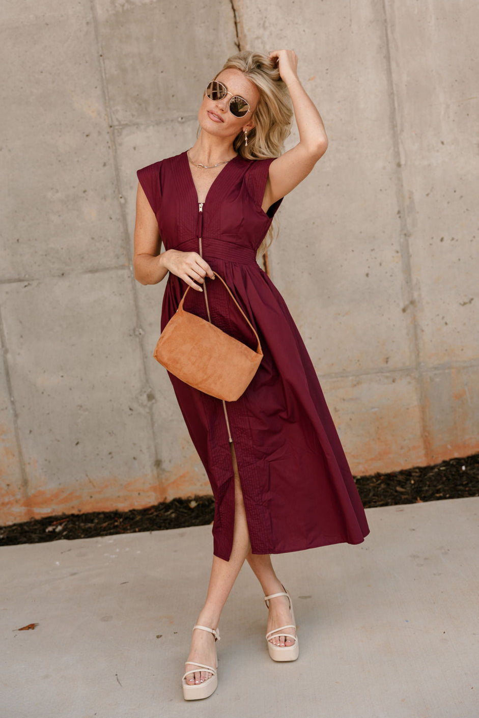 Kennedi Wine Zip-Up Midi Dress- full body view