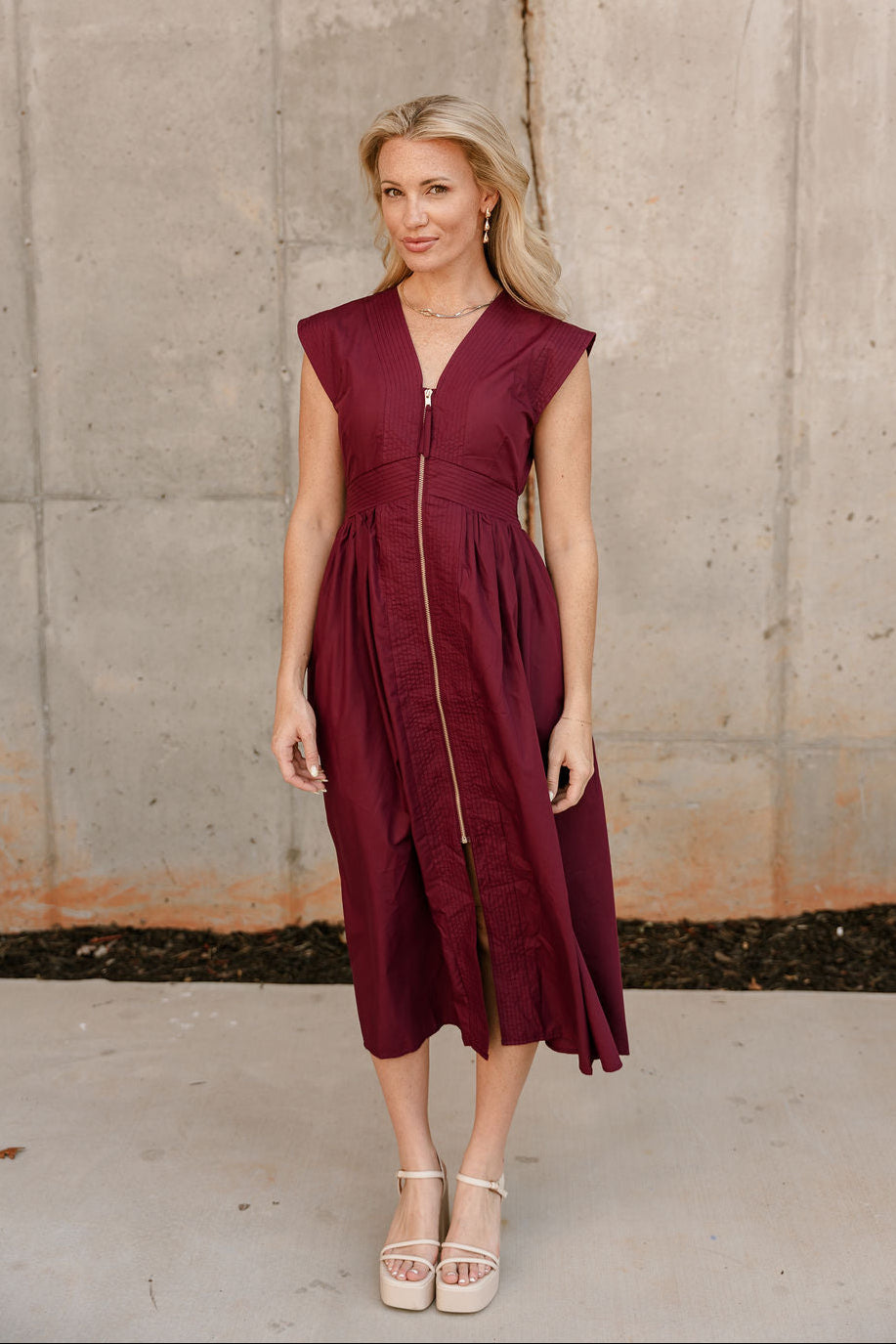 Kennedi Wine Zip-Up Midi Dress - full front view