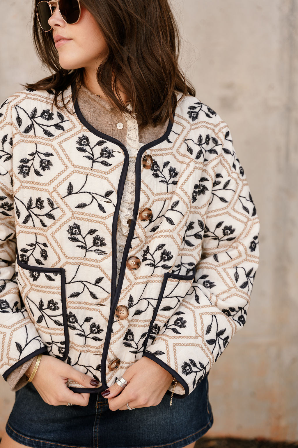 Dani Cream & Navy Multi Floral Jacket- close up front view